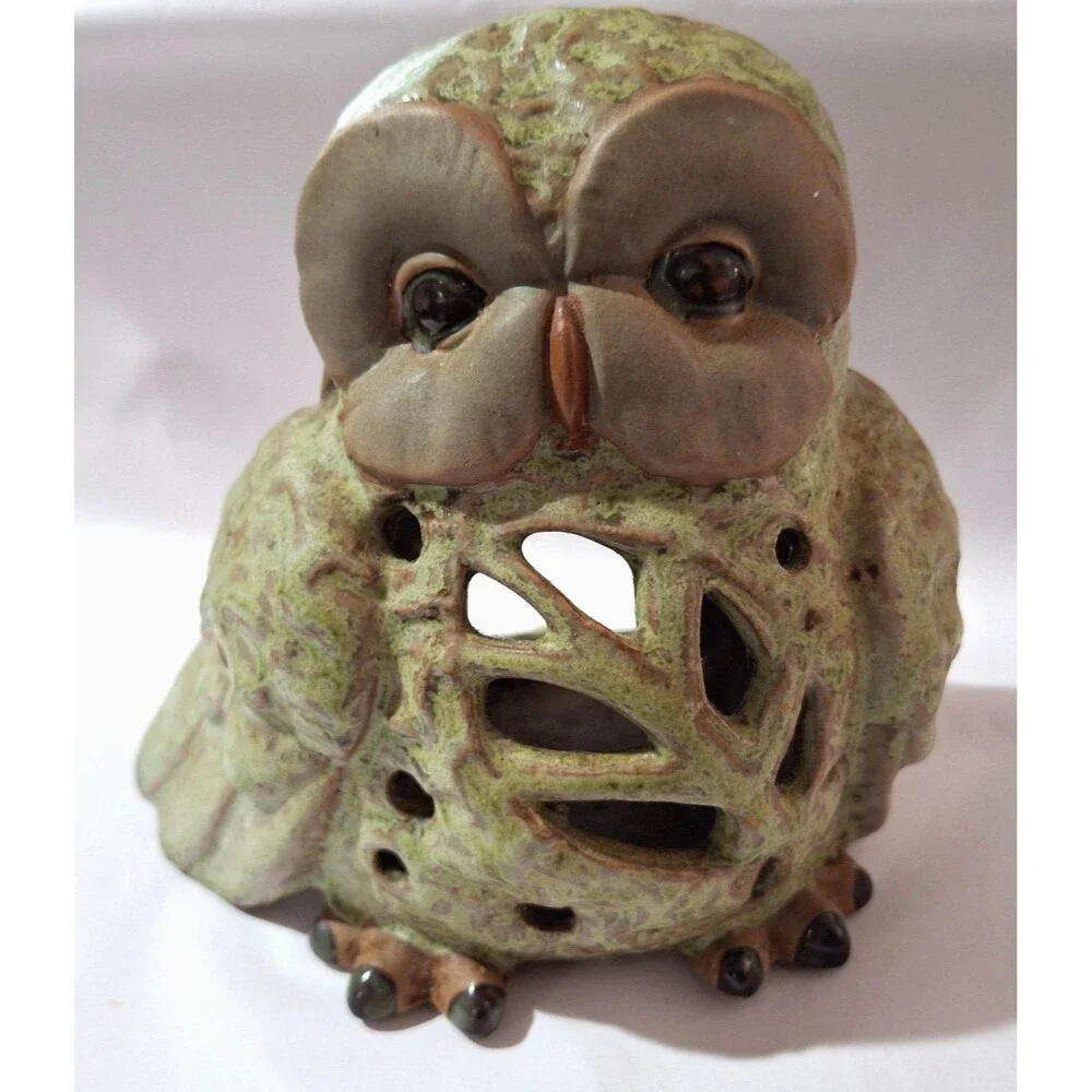 Vintage Stoneware Pudgy Owl w Large Smooth Eye Patches Tea Light Holder Luminary